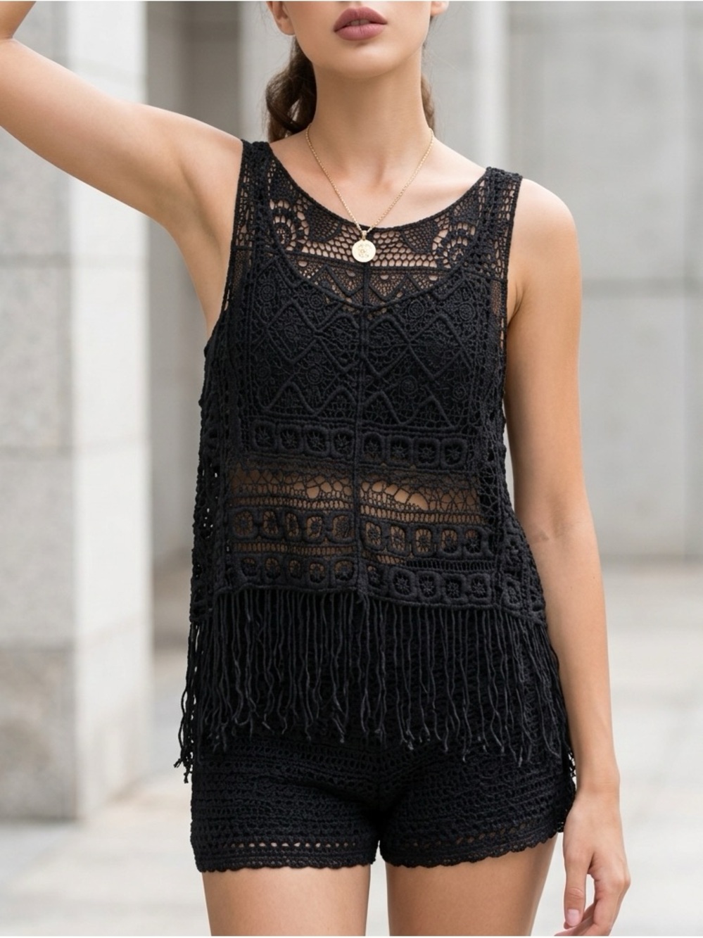Active USA Black Lace Fringe Tank Top